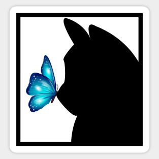 Blue Butterfly sitting on nose of Black Cat Sticker
